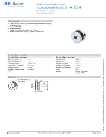 Baumer Spring washer coupling D1=6 / D2=6 Mounting solid shaft encoder Fiche technique | Fixfr
