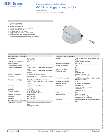 Baumer GCA5 - analog up to 4.7 m Cable transducer - absolute Fiche technique | Fixfr