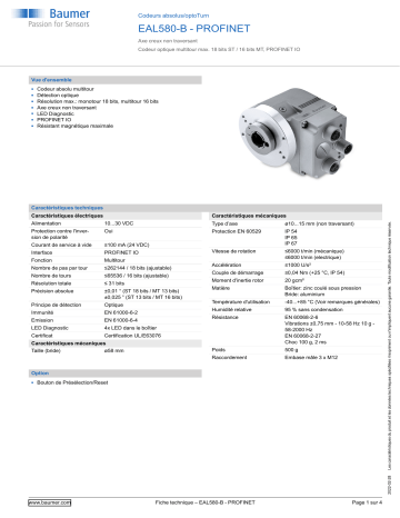 Baumer EAL580-B - PROFINET Absolute encoder Fiche technique | Fixfr