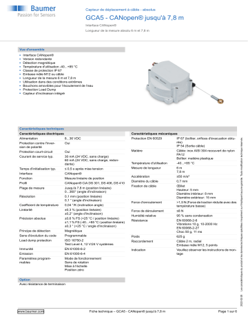 Baumer GCA5 - CANopen® up to 7.8 m Cable transducer - absolute Fiche technique | Fixfr