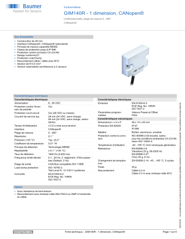 Baumer GIM140R - 1-dimensional, CANopen® Inclination sensor Fiche technique | Fixfr