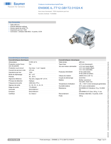 Baumer EN580E.IL-TT12.GB1T2.01024.K Incremental encoder Fiche technique | Fixfr