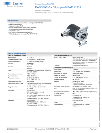 Baumer EAM360R-B - CANopen®/SAE J1939 Absolute encoder Fiche technique | Fixfr