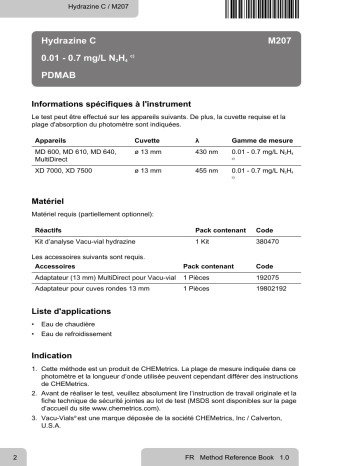 Lovibond Single Method M207 - Hydrazine C Manuel utilisateur | Fixfr