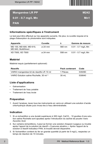 Lovibond Single Method M242 - Manganese LR PP Manuel utilisateur | Fixfr