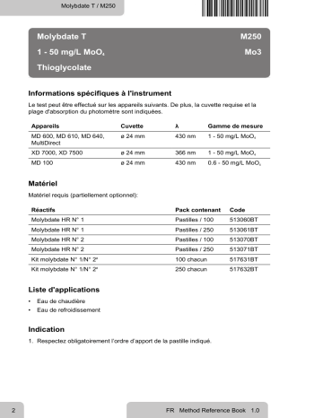 Lovibond Single Method M250 - Molybdate T Manuel utilisateur | Fixfr