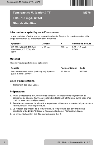 Lovibond Single Method M378 - Surfactants M. (cation.) TT Manuel utilisateur | Fixfr