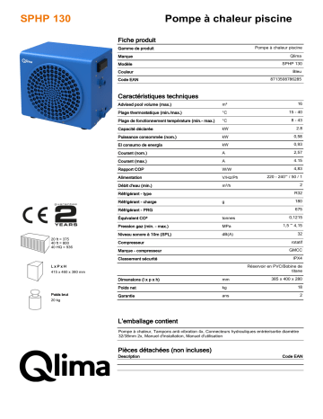 QLIMA SPHP130 Pool heatpump Manuel utilisateur | Fixfr