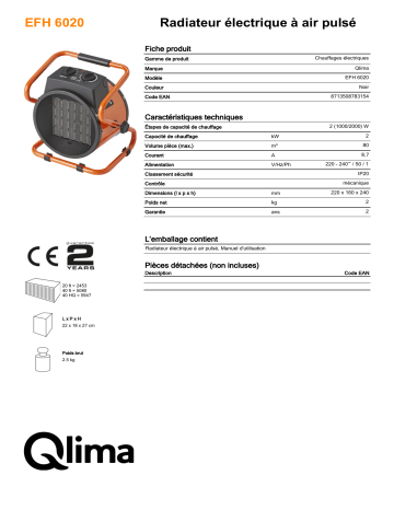QLIMA EFH6020 Electrical heater Manuel utilisateur | Fixfr