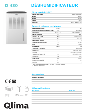 QLIMA D430 Dehumidifier Manuel utilisateur | Fixfr