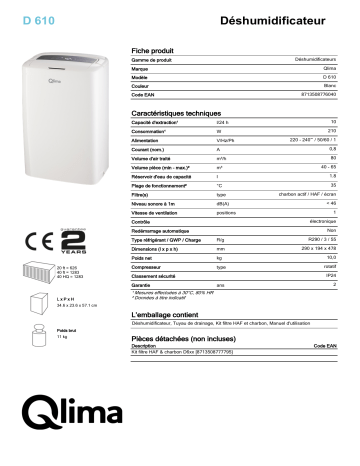 QLIMA D610 Dehumidifier Manuel utilisateur | Fixfr