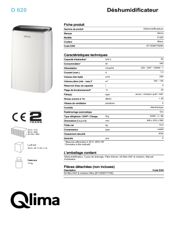 QLIMA D620 Dehumidifier Manuel utilisateur | Fixfr