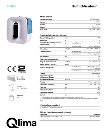 QLIMA H408 Humidifier Manuel utilisateur | Fixfr