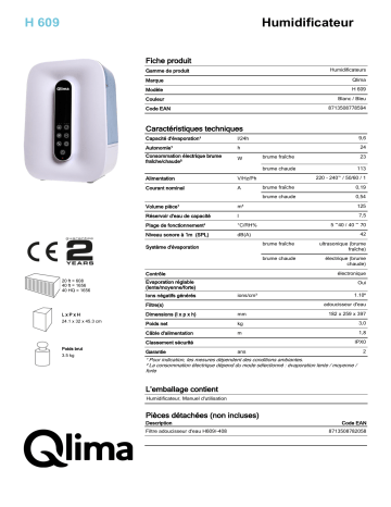 QLIMA H609 Humidifier Manuel utilisateur | Fixfr