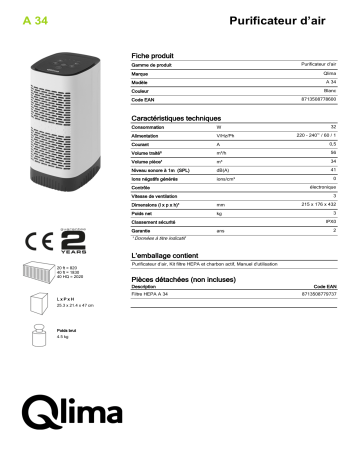 QLIMA A34 Purifier Manuel utilisateur | Fixfr