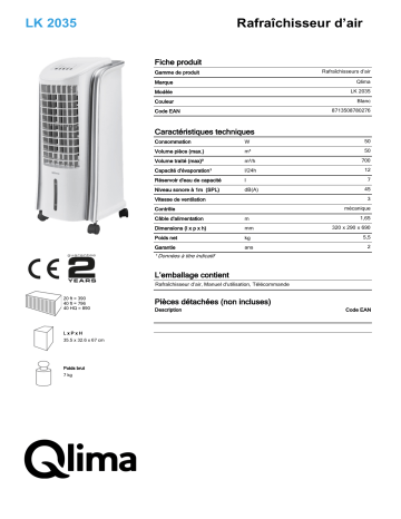 QLIMA LK2035 Fan & Air Cooler Manuel utilisateur | Fixfr