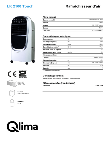 QLIMA LK2100 Touch Fan & Air Cooler Manuel utilisateur | Fixfr