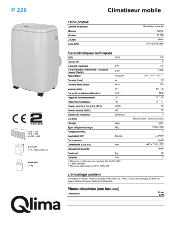 QLIMA P228 Mobile air conditioner Manuel utilisateur | Fixfr