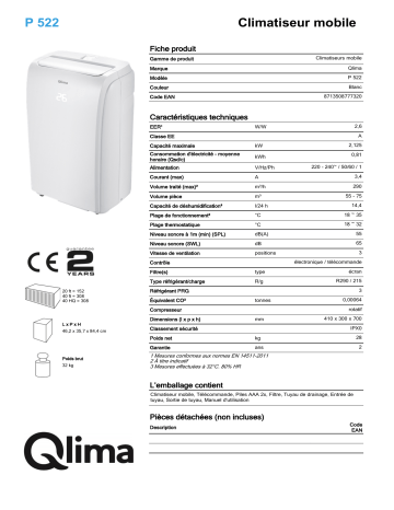 QLIMA P522 Mobile air conditioner Manuel utilisateur | Fixfr