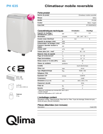 QLIMA PH635 Mobile air conditioner Manuel utilisateur | Fixfr