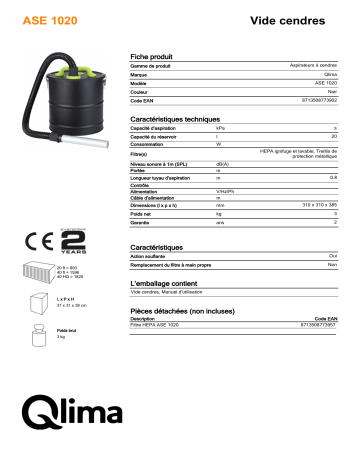 QLIMA ASE1020 Ash vacuum cleaner Manuel utilisateur | Fixfr