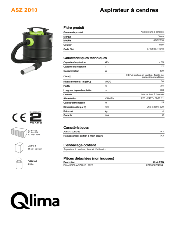 QLIMA ASZ2010 Ash vacuum cleaner Manuel utilisateur | Fixfr