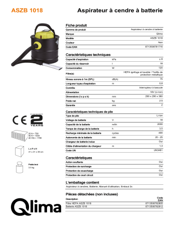 QLIMA ASZB1018 Ash vacuum cleaner Manuel utilisateur | Fixfr
