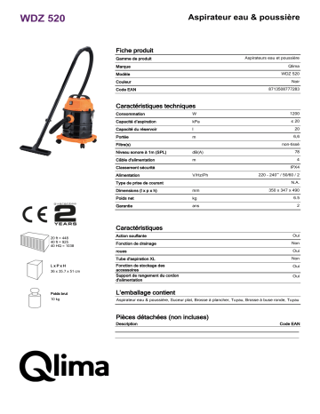 QLIMA WDZ520 Wet & Dry Vacuum Cleaner Manuel utilisateur | Fixfr