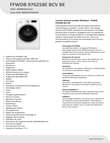 Whirlpool FFWDB 976258E BCV BE Washer dryer Manuel utilisateur | Fixfr
