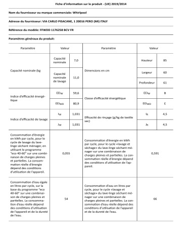 Whirlpool FFWDD 1176258 BCV FR Washer dryer Manuel utilisateur | Fixfr