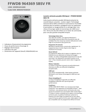 Whirlpool FFWDB 964369 SBSV FR Washer dryer Manuel utilisateur | Fixfr