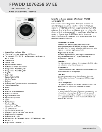 Whirlpool FFWDD 1076258 SV EE Washer dryer Manuel utilisateur | Fixfr