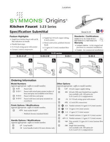 Symmons Industries S-23-2-STN-BH Origins™ 2.2 gpm 3-Hole Kitchen Faucet spécification | Fixfr