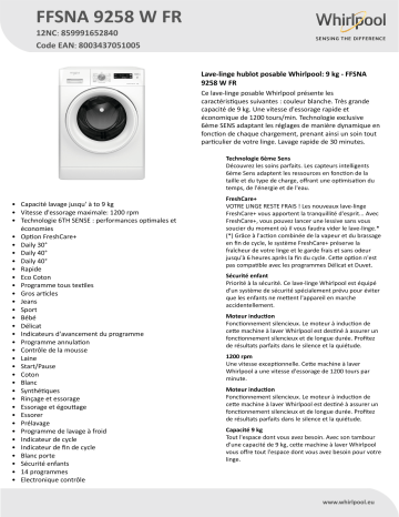 Whirlpool FFSNA 9258 W FR Washing machine Manuel utilisateur | Fixfr