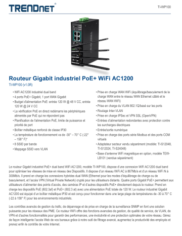 Trendnet TI-WP100 Industrial AC1200 Wireless Gigabit PoE+ Router Fiche technique | Fixfr