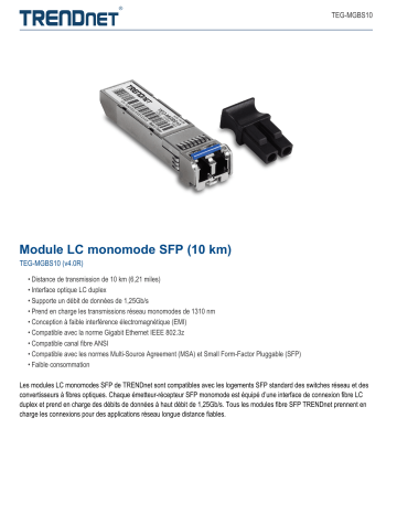 Trendnet TEG-MGBS10 SFP Single Mode LC Module (10km) Fiche technique | Fixfr