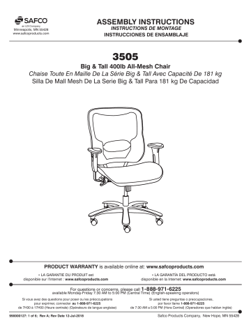 Safco 3505BL Lineage™ Big & Tall All-Mesh Task Chair, 400 lb. Weight Capacity Manuel utilisateur | Fixfr