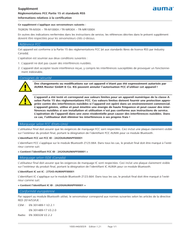 AUMA Supplement FCC rules part 15 and RSS standards TIGRON Mode d'emploi | Fixfr