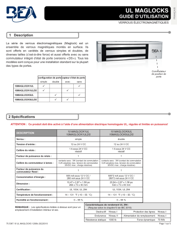 BEA UL LISTED MAGLOCKS Mode d'emploi | Fixfr