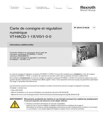 Bosch Rexroth RF30143-z Carte de consigne et régulation numérique VT-HACD-1-1X/V0/1-0-0 Informations additionnelles Conseils relatifs à la conversion de la carte de consigne numérique VT-SWKD-1-1X/V0 Manuel utilisateur | Fixfr