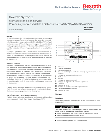 Bosch Rexroth R911341630 Sytronix Montage et mise en service Pompe à cylindrée variable à pistons axiaux A10VZO/A10VSO/A4VSO Manuel utilisateur | Fixfr