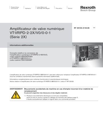 Bosch Rexroth RF30126-Z Amplificateur de valve numérique VT-VRPD-2-2X/V0/0-0-1 (Série 2X) Conseils relatifs à la conversion de lamplificateur numérique VT-VRPD-2-1X/V0/0 Manuel utilisateur | Fixfr