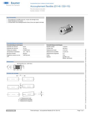 Baumer Bellows coupling (D1=6 / D2=10) Mounting solid shaft encoder Fiche technique | Fixfr