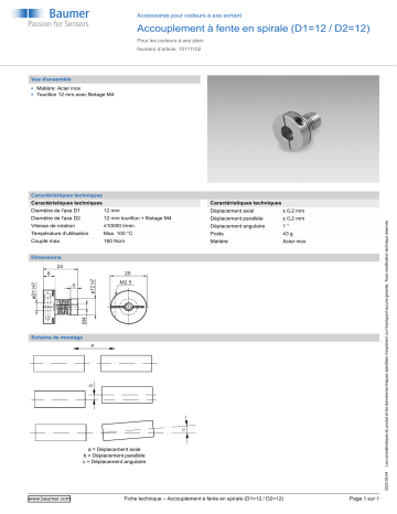 Baumer Spiral coupling (D1=12 / D2=12) Mounting solid shaft encoder Fiche technique | Fixfr