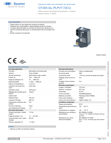 Baumer OT300.GL-PLPVT.72CU Diffuse sensor Fiche technique | Fixfr