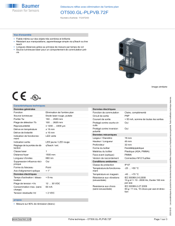 Baumer OT500.GL-PLPVB.72F Diffuse sensor Fiche technique | Fixfr