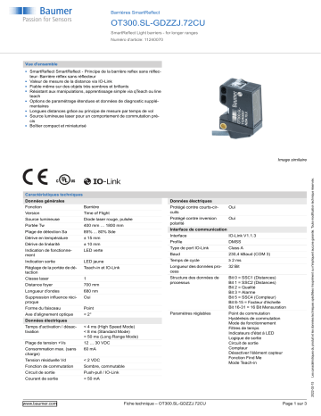 Baumer OT300.SL-GDZZJ.72CU SmartReflect Light barrier Fiche technique | Fixfr