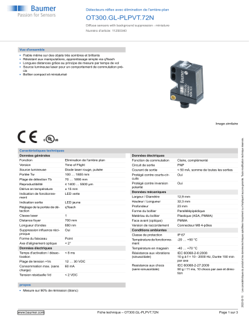 Baumer OT300.GL-PLPVT.72N Diffuse sensor Fiche technique | Fixfr