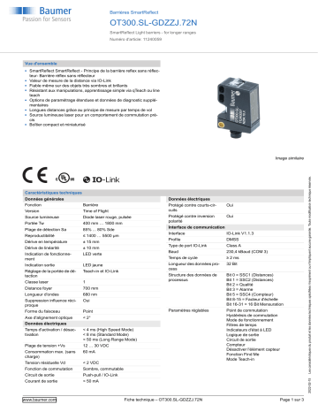 Baumer OT300.SL-GDZZJ.72N SmartReflect Light barrier Fiche technique | Fixfr