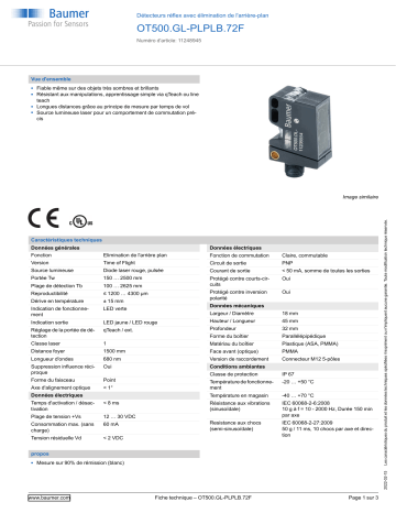 Baumer OT500.GL-PLPLB.72F Diffuse sensor Fiche technique | Fixfr